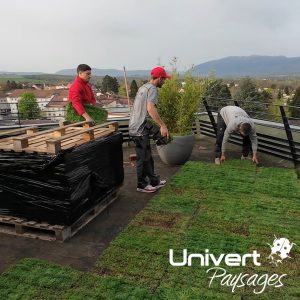 Paysagiste balcon pays-de-gex - végétalisation de deux terrasses en attique dans un immeuble à Saint-genis-pouilly - grutage et vues drone. plantations, terrasse bois gradconcept, jardinières - UNIVERT PAYSAGES paysagiste-pays-de-gex
