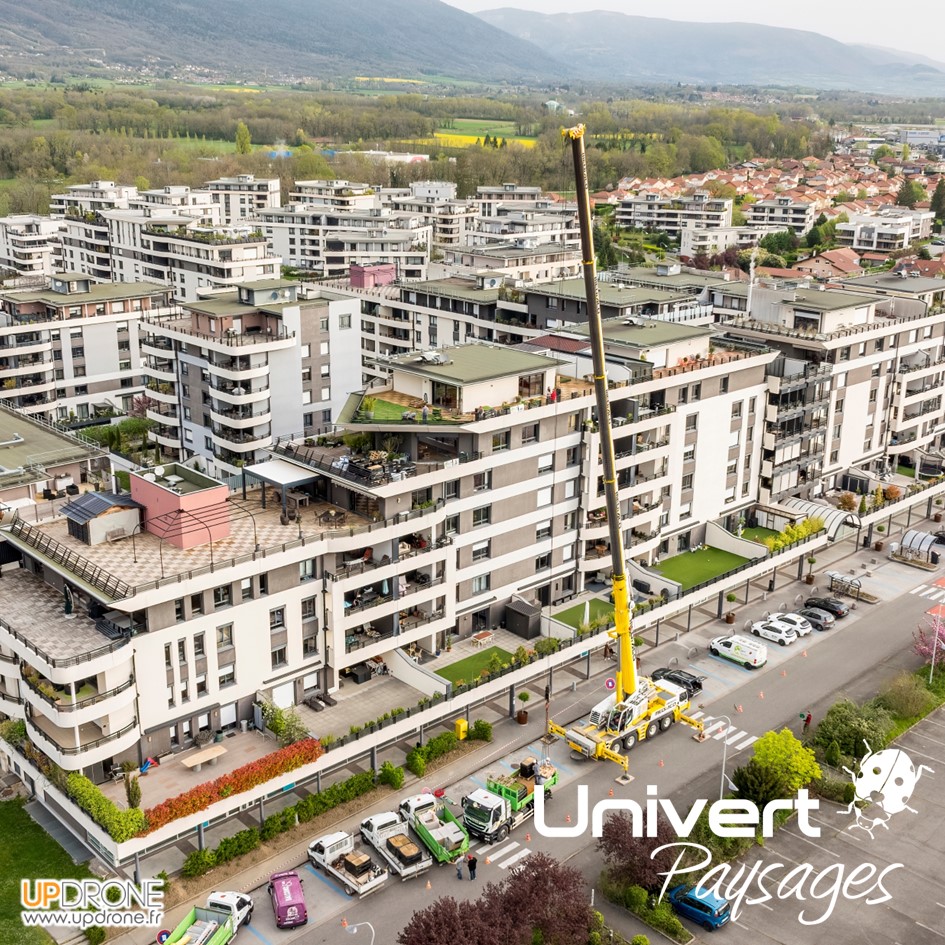 Paysagiste balcon pays-de-gex - végétalisation de deux terrasses en attique dans un immeuble à Saint-genis-pouilly - grutage et vues drone. plantations, terrasse bois gradconcept, jardinières - UNIVERT PAYSAGES paysagiste-pays-de-gex