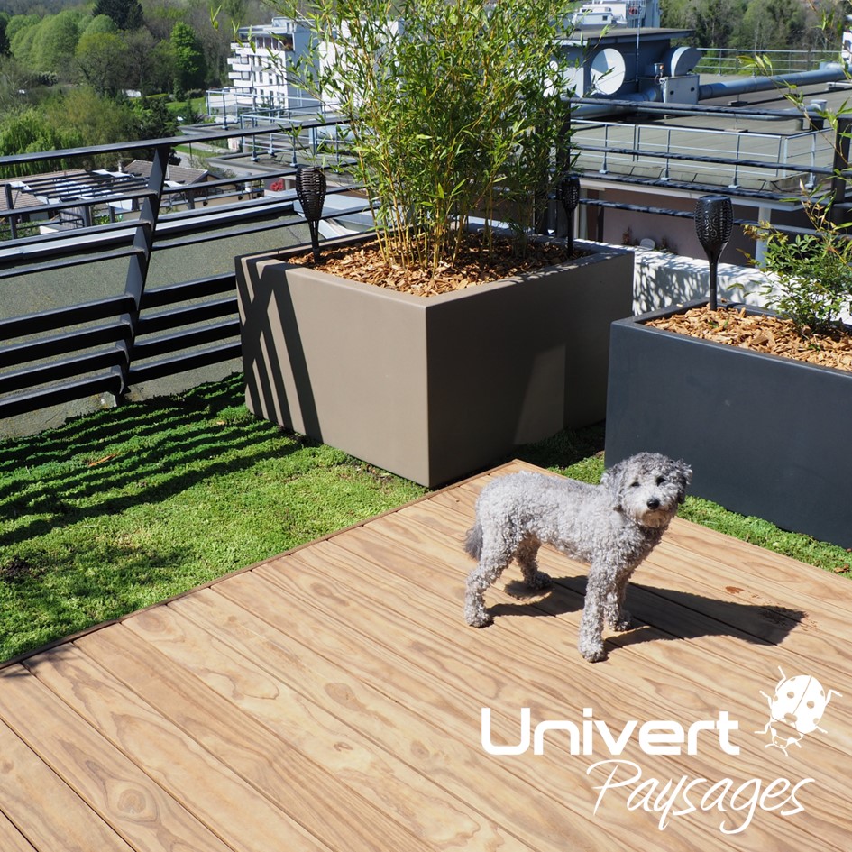 aménagement extérieur paysager sur un balcon en attiue Saint-genis-pouilly terrasse bois gradsystem toiture végétalisée (1)