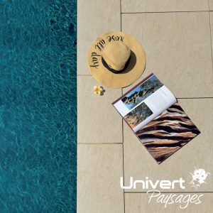 Aménagement paysager Divonne Pays-de-gex Univert Coccinelle piscine terrasse grès cérame abri mur plantations fruitiers arbres fleurs jardin