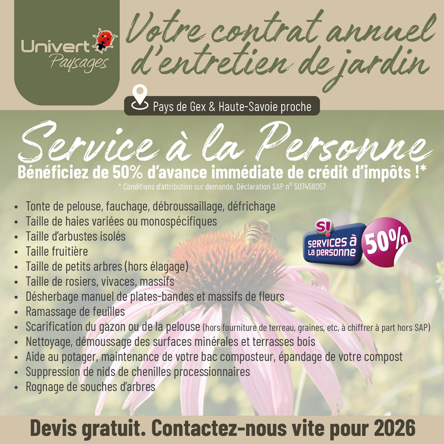 Entretien de jardin en contrat services à la personne. Jardinage crédit d'impôt 50% avance immédiate. Tonte, taille, désherbage, coupe des haies, ramassage de feuilles, jardinage, potager, jardin, composteur, nettoyage de terrasse et cour dans le Pays-de-Gex et à Valleiry, Vulbens, Chevrier...