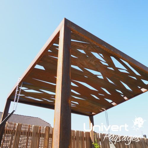 Pergola jardin terrasse aménagement-paysager univert-paysages extérieur pays-de-gex haute-savoie vuache bois aluminium plantes collonges vulbens valleiry farges gonville challex pougny thoiry sergy prévessin crozet echenevex chevry